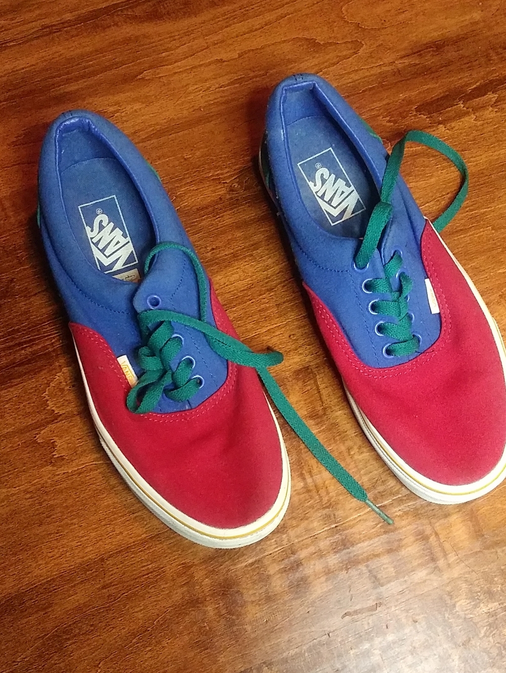 Vans Red and Blue Canvas Low-Top Sneakers with Green Laces
